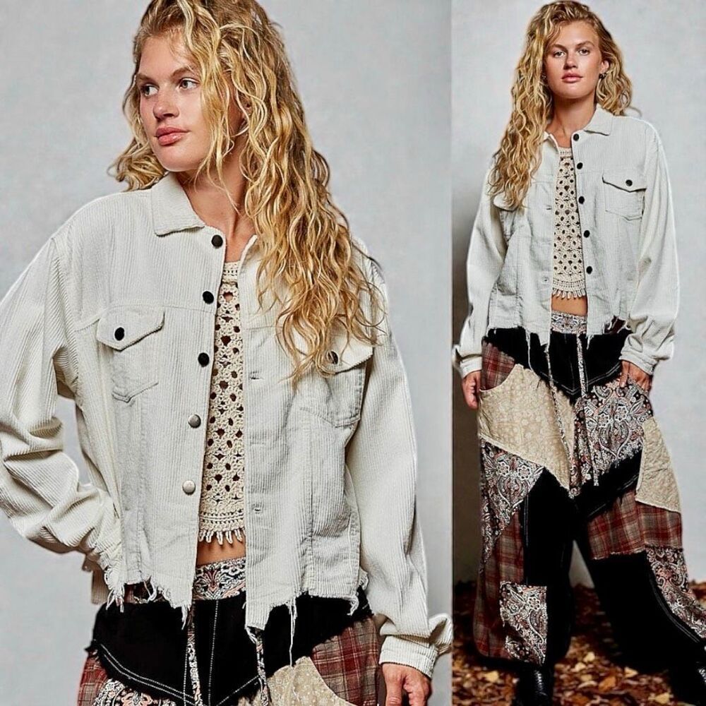 POL Sage Corduroy Shacket Layering Jacket Raw Hem Button Down Green Large NEW - Picture 4 of 9